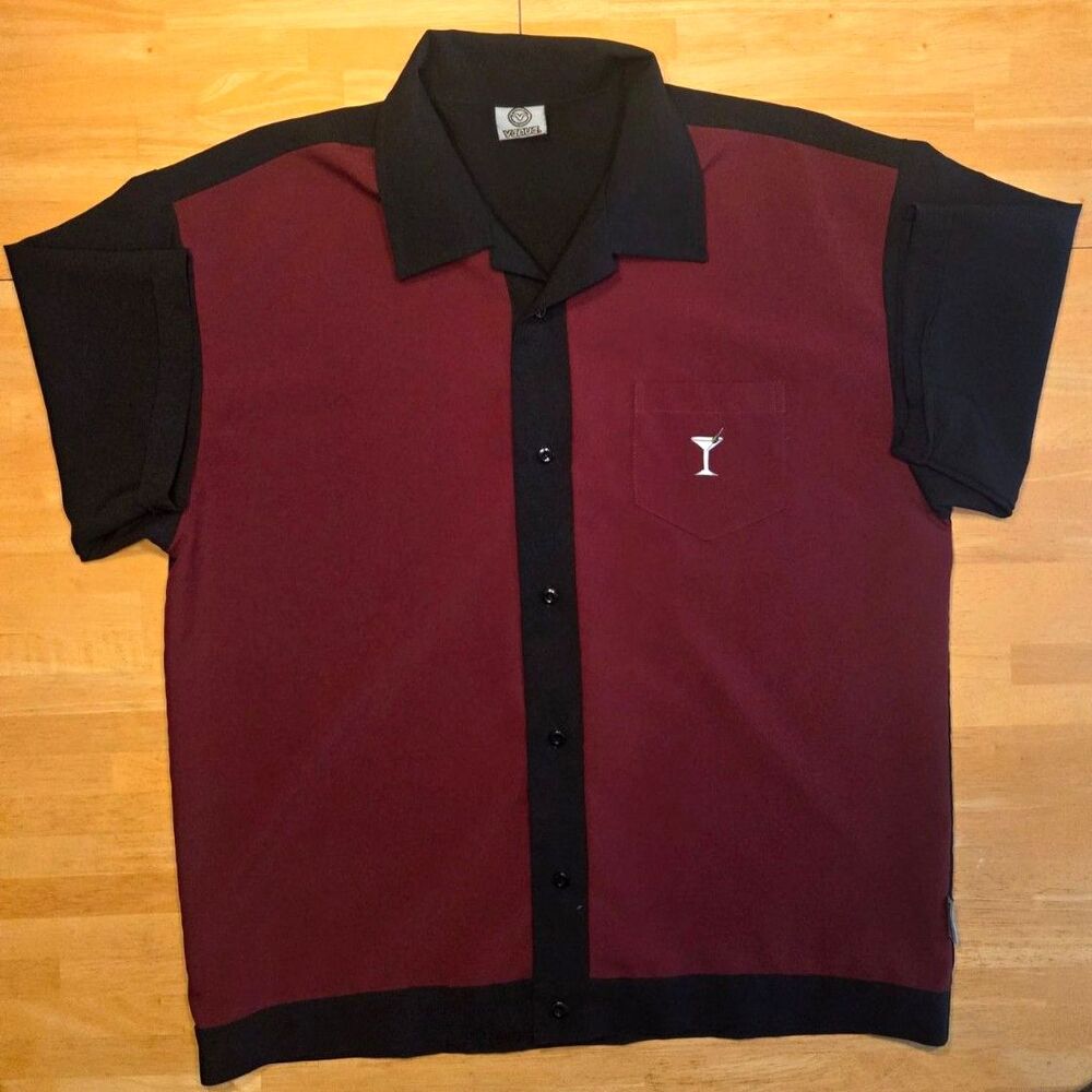 90s Vintage Venue Men's XL Martini Glass Maroon Black Bowling Lounge Shirt